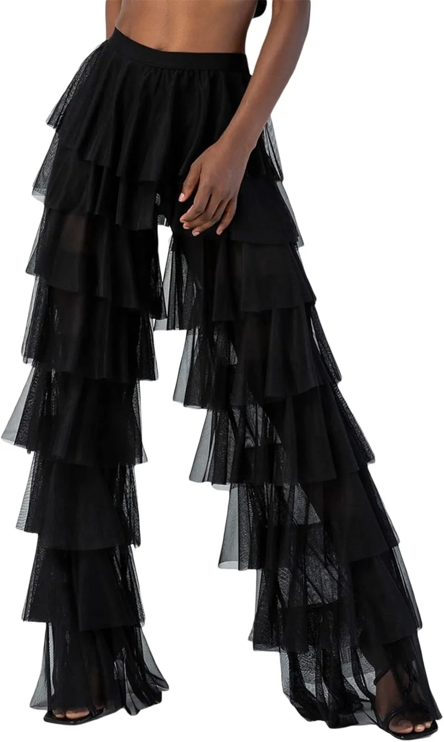 Women Tulle Pants Ruffle Solid Ruched High Waist Layered Sheer See Through Trouser Y2k Sexy Party Dress Up Streetwear
