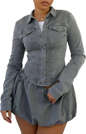Womens 2 Piece Denim Skirt Outfits Long Sleeve Button down Cropped Denim Jacket Shirt Bubble Mini Jean Skirt Sets