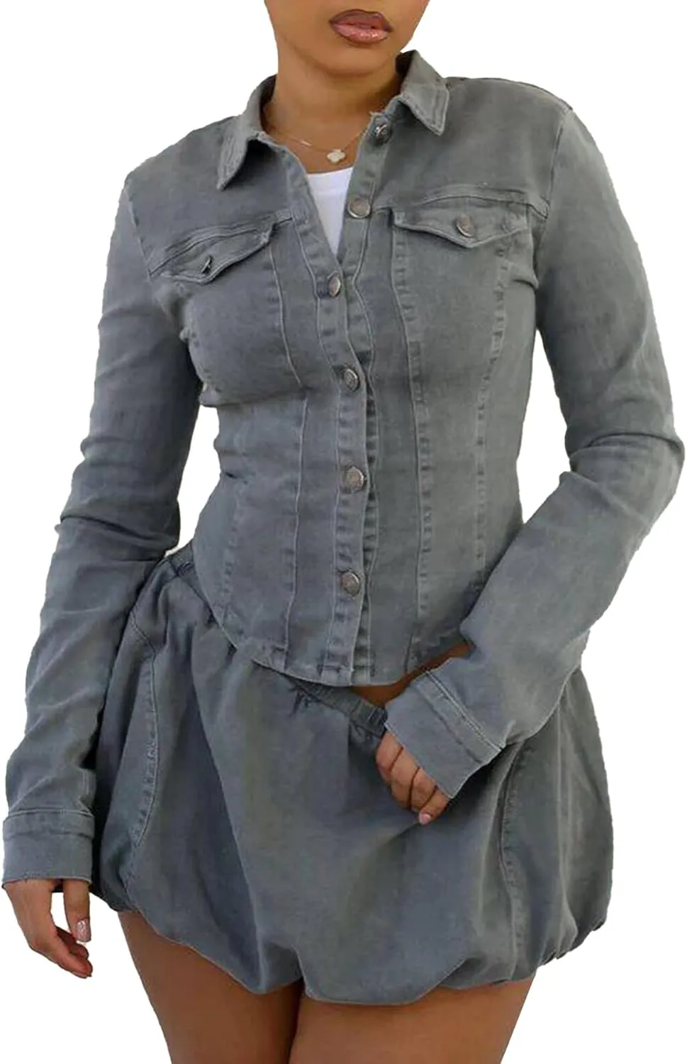 Womens 2 Piece Denim Skirt Outfits Long Sleeve Button down Cropped Denim Jacket Shirt Bubble Mini Jean Skirt Sets