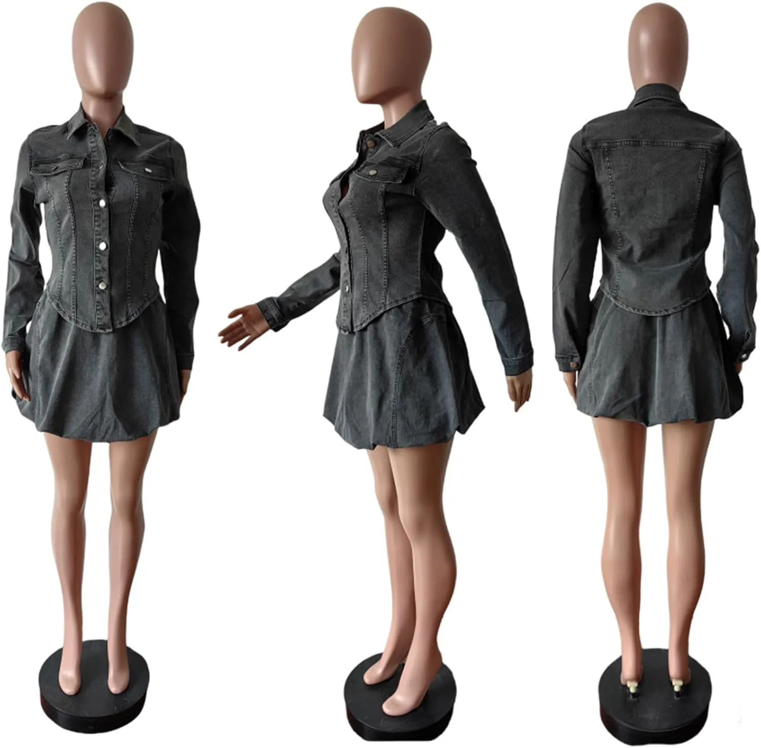 Womens 2 Piece Denim Skirt Outfits Long Sleeve Button down Cropped Denim Jacket Shirt Bubble Mini Jean Skirt Sets