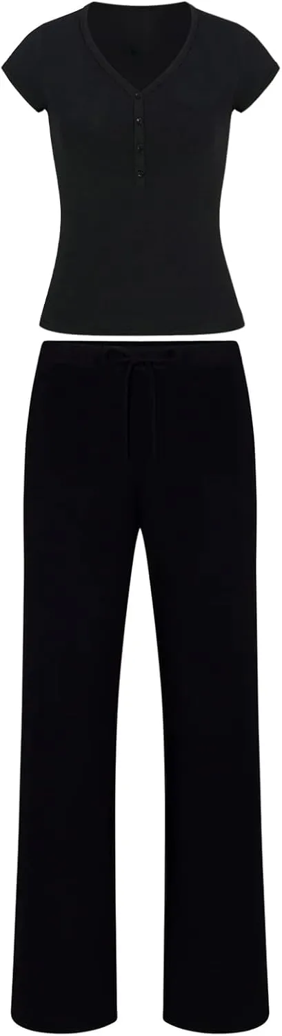 Womens 2 Piece Outfits Sets V Neck Short Sleeve Tops Straight Leg Pants Comfy Tracksuits Loungewear With Pockets