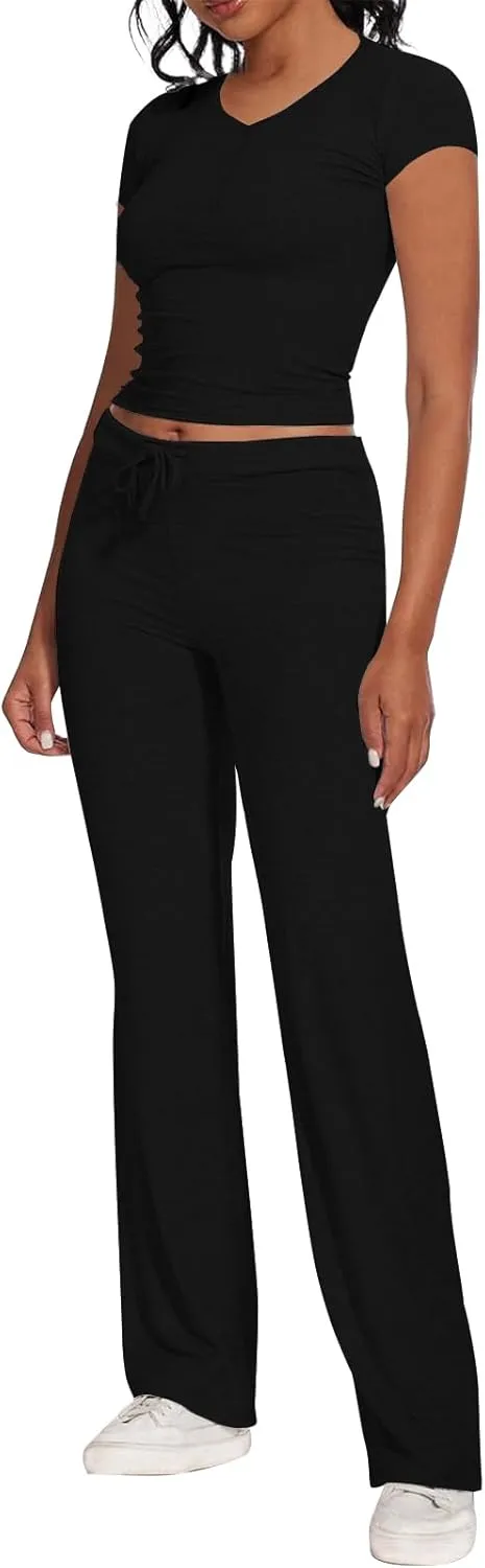 Womens 2 Piece Outfits Sets V Neck Short Sleeve Tops Straight Leg Pants Comfy Tracksuits Loungewear With Pockets