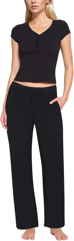 Womens 2 Piece Outfits Sets V Neck Short Sleeve Tops Straight Leg Pants Comfy Tracksuits Loungewear With Pockets