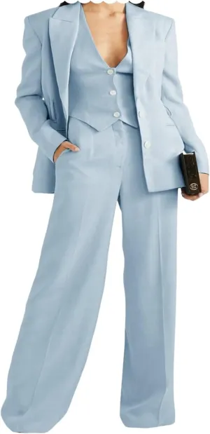 Women's 3 Piece Outfits Jacket Vest Wide Leg Pants Business Office Suit Set