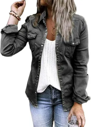 Womens Casual Long Sleeve Button Down Blouse Shirt Slim Solid Denim Jacket Tops