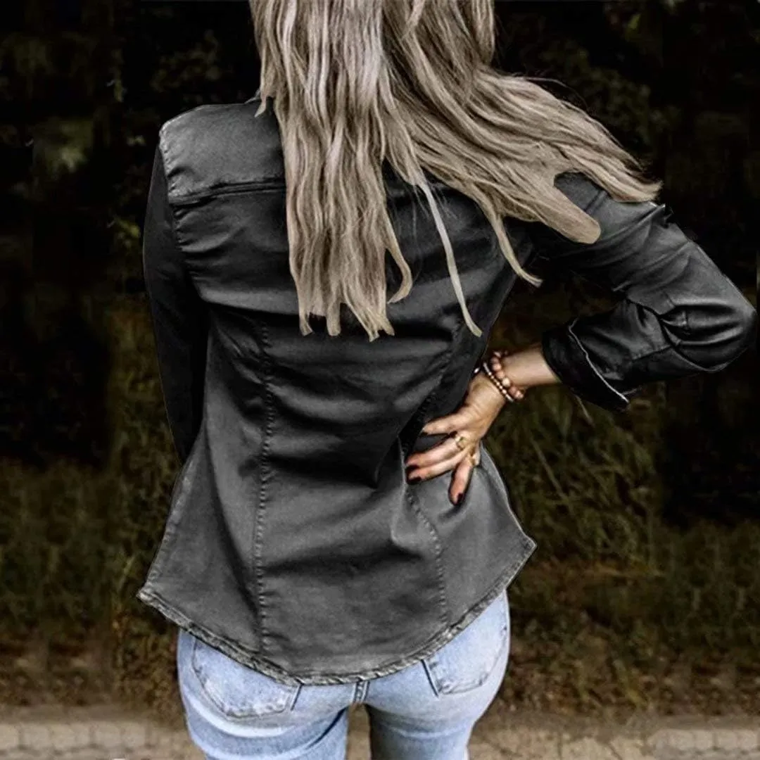 Womens Casual Long Sleeve Button Down Blouse Shirt Slim Solid Denim Jacket Tops