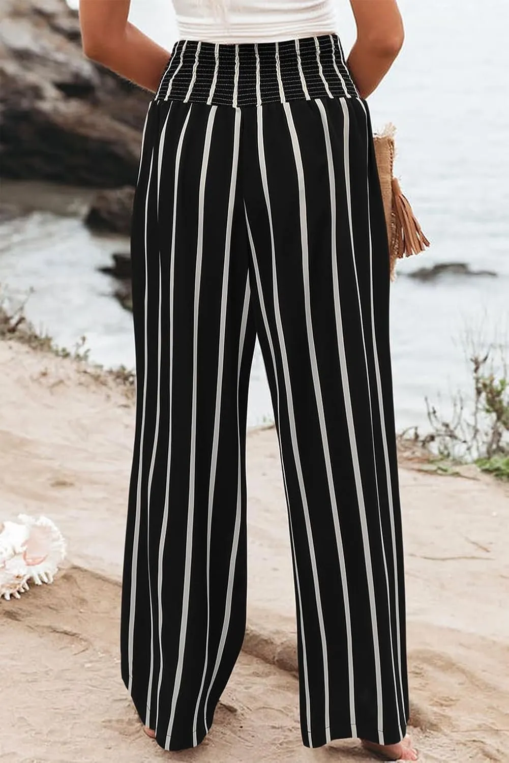 Womens Casual Loose Fit Palazzo Pants Elastic High Waist Lounge Long Pajama Wide Leg Trousers with Pocket