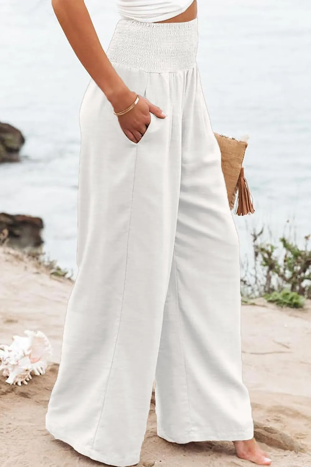 Womens Casual Loose Fit Palazzo Pants Elastic High Waist Lounge Long Pajama Wide Leg Trousers with Pocket
