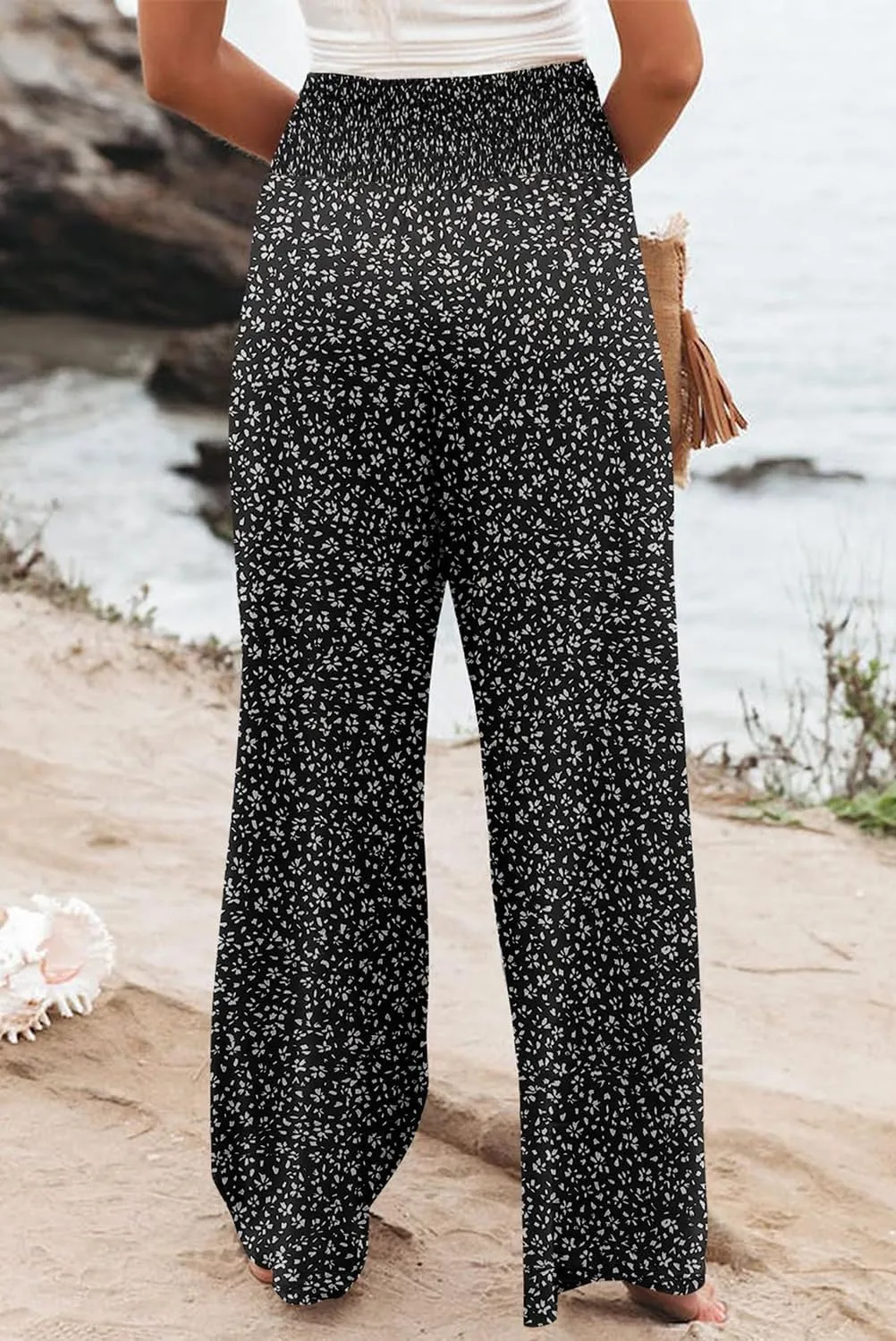 Womens Casual Loose Fit Palazzo Pants Elastic High Waist Lounge Long Pajama Wide Leg Trousers with Pocket