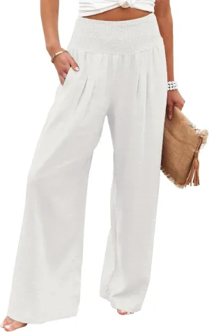 Womens Casual Loose Fit Palazzo Pants Elastic High Waist Lounge Long Pajama Wide Leg Trousers with Pocket