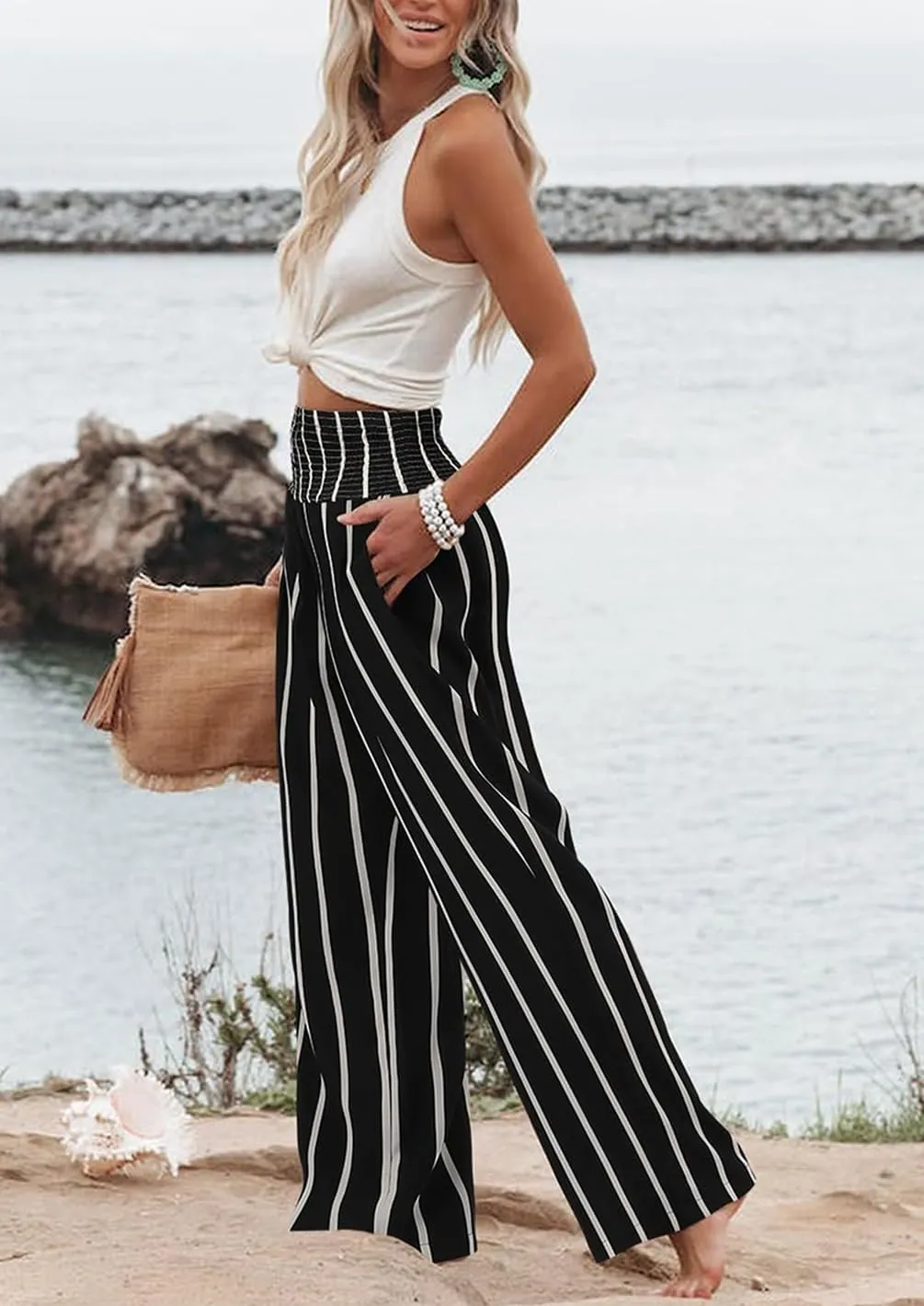 Womens Casual Loose Fit Palazzo Pants Elastic High Waist Lounge Long Pajama Wide Leg Trousers with Pocket