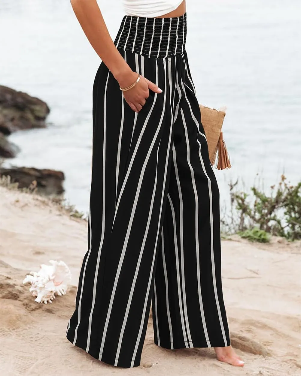 Womens Casual Loose Fit Palazzo Pants Elastic High Waist Lounge Long Pajama Wide Leg Trousers with Pocket