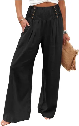 Womens Casual Loose Fit Palazzo Pants Elastic High Waist Lounge Long Pajama Wide Leg Trousers with Pocket