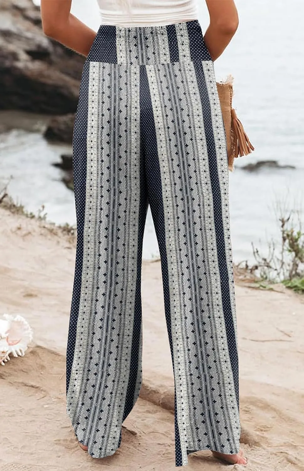 Womens Casual Loose Fit Palazzo Pants Elastic High Waist Lounge Long Pajama Wide Leg Trousers with Pocket