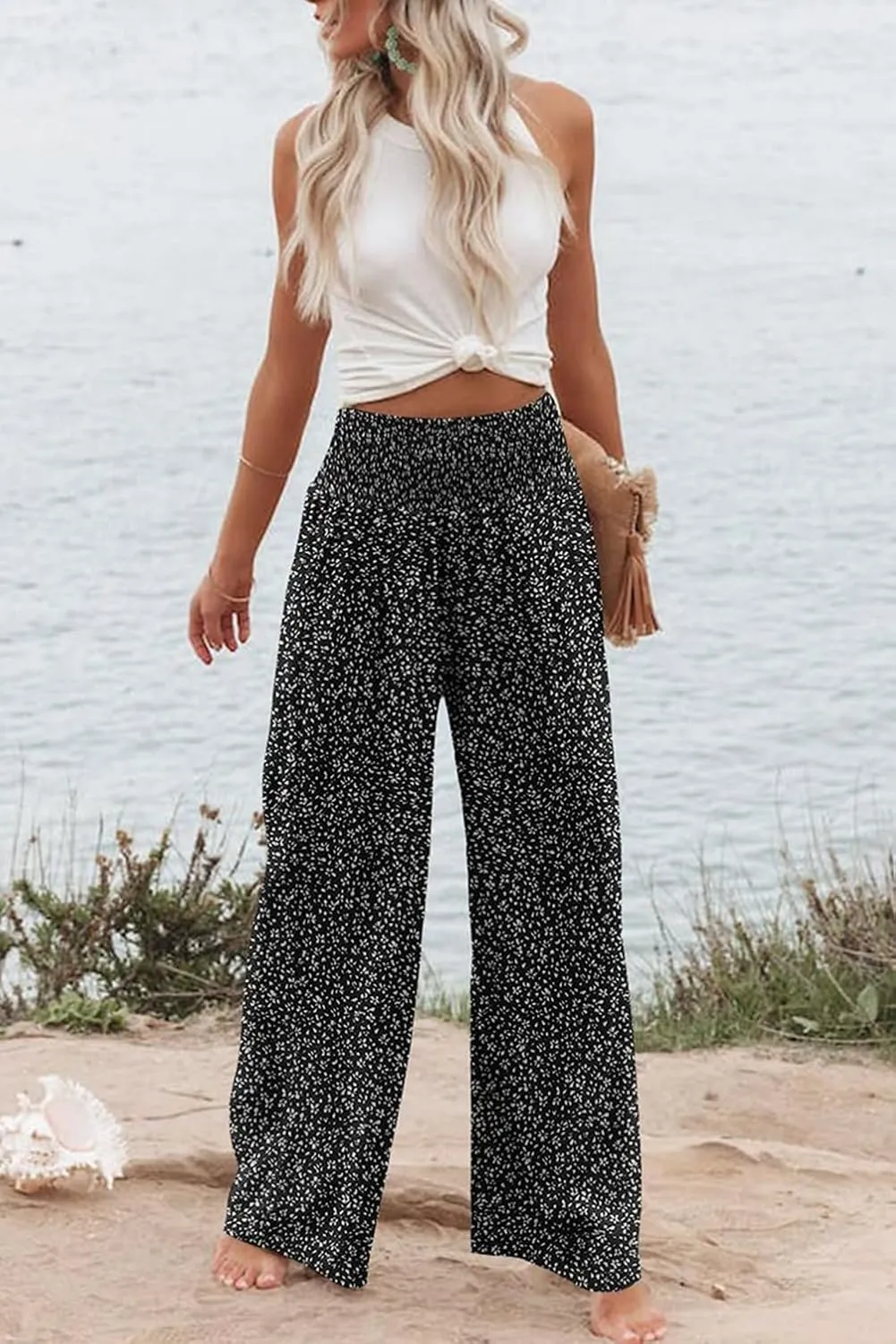 Womens Casual Loose Fit Palazzo Pants Elastic High Waist Lounge Long Pajama Wide Leg Trousers with Pocket