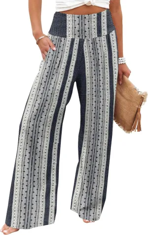 Womens Casual Loose Fit Palazzo Pants Elastic High Waist Lounge Long Pajama Wide Leg Trousers with Pocket