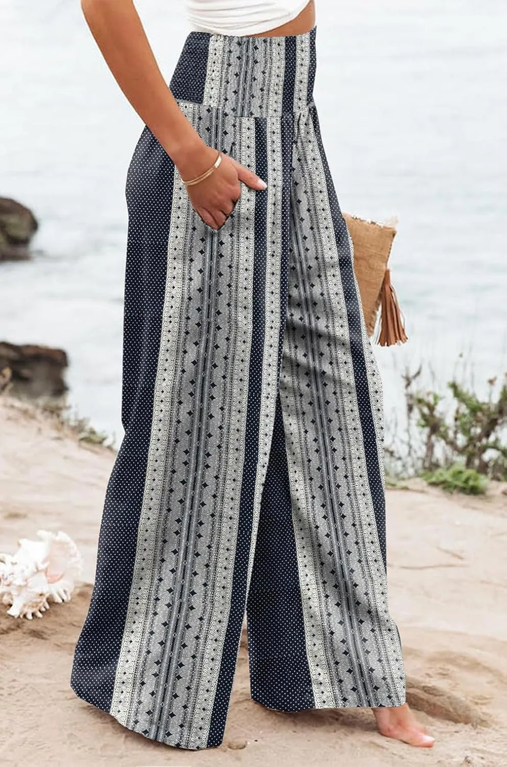 Womens Casual Loose Fit Palazzo Pants Elastic High Waist Lounge Long Pajama Wide Leg Trousers with Pocket