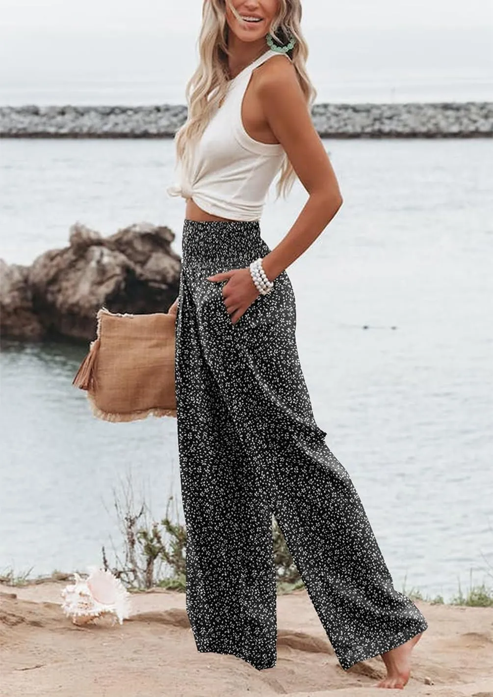 Womens Casual Loose Fit Palazzo Pants Elastic High Waist Lounge Long Pajama Wide Leg Trousers with Pocket