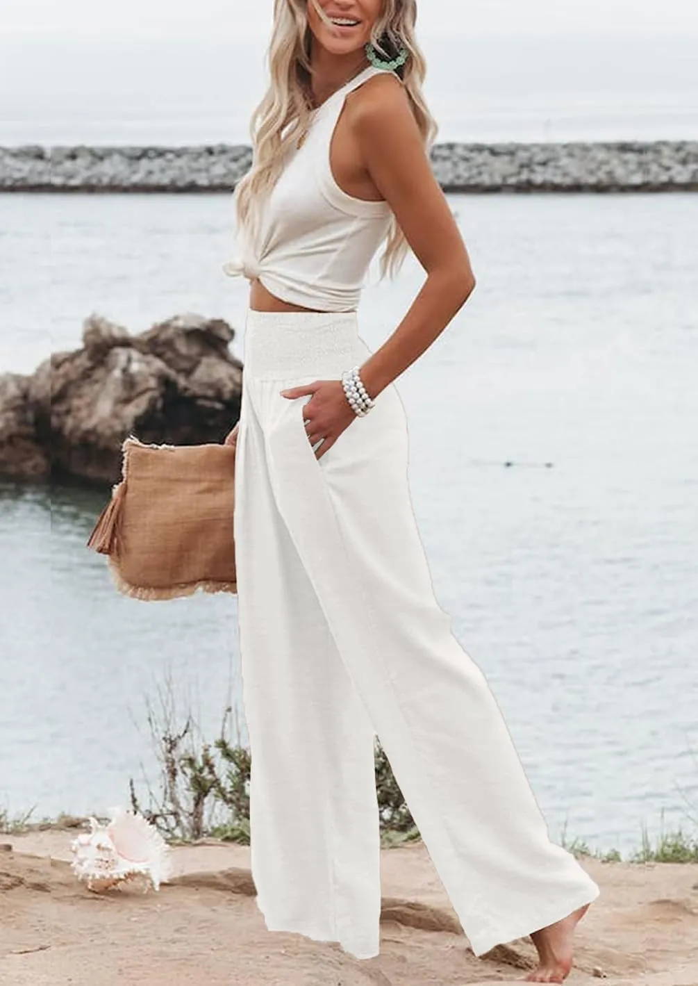Womens Casual Loose Fit Palazzo Pants Elastic High Waist Lounge Long Pajama Wide Leg Trousers with Pocket