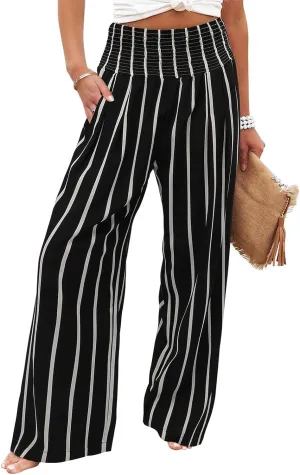Womens Casual Loose Fit Palazzo Pants Elastic High Waist Lounge Long Pajama Wide Leg Trousers with Pocket