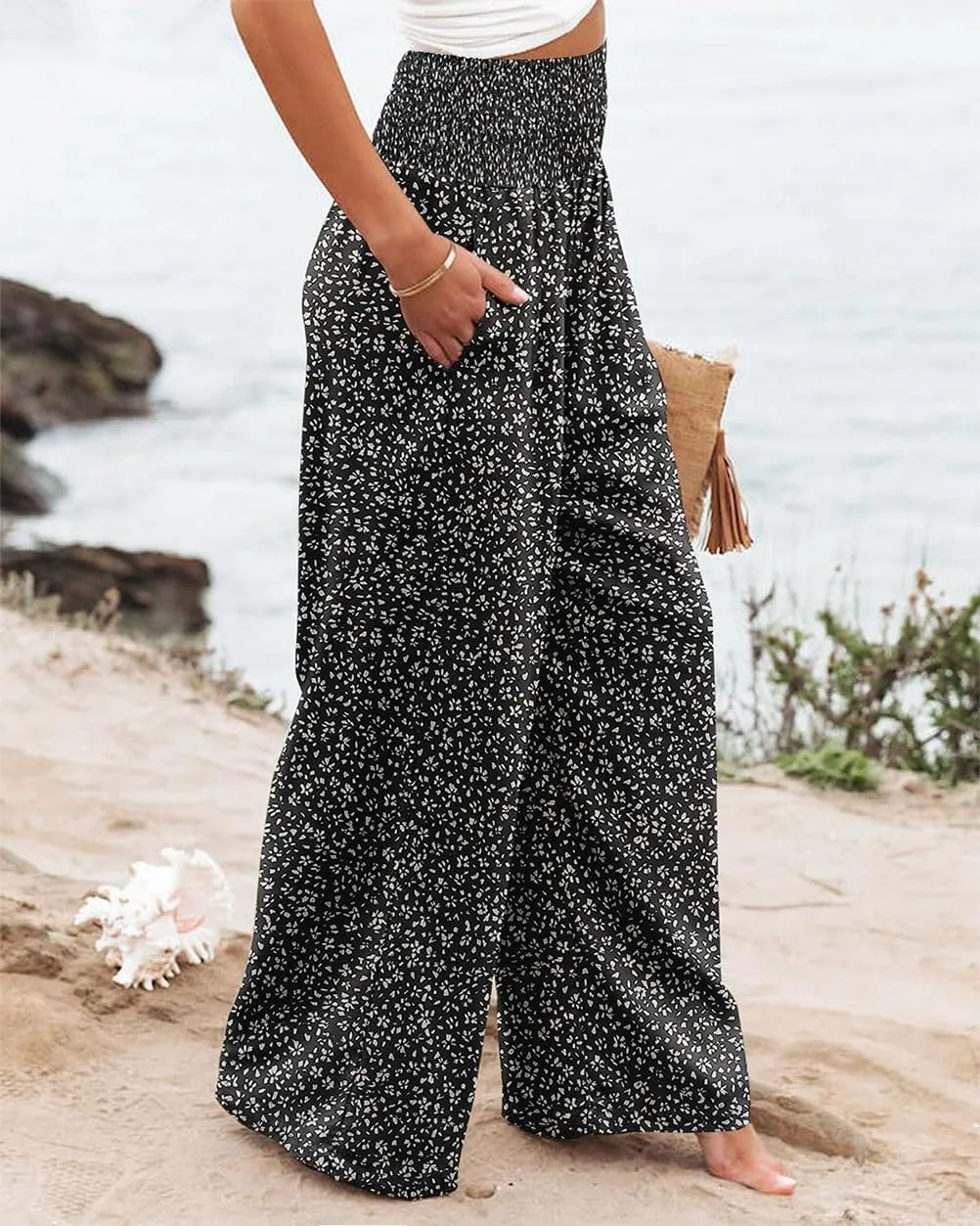 Womens Casual Loose Fit Palazzo Pants Elastic High Waist Lounge Long Pajama Wide Leg Trousers with Pocket