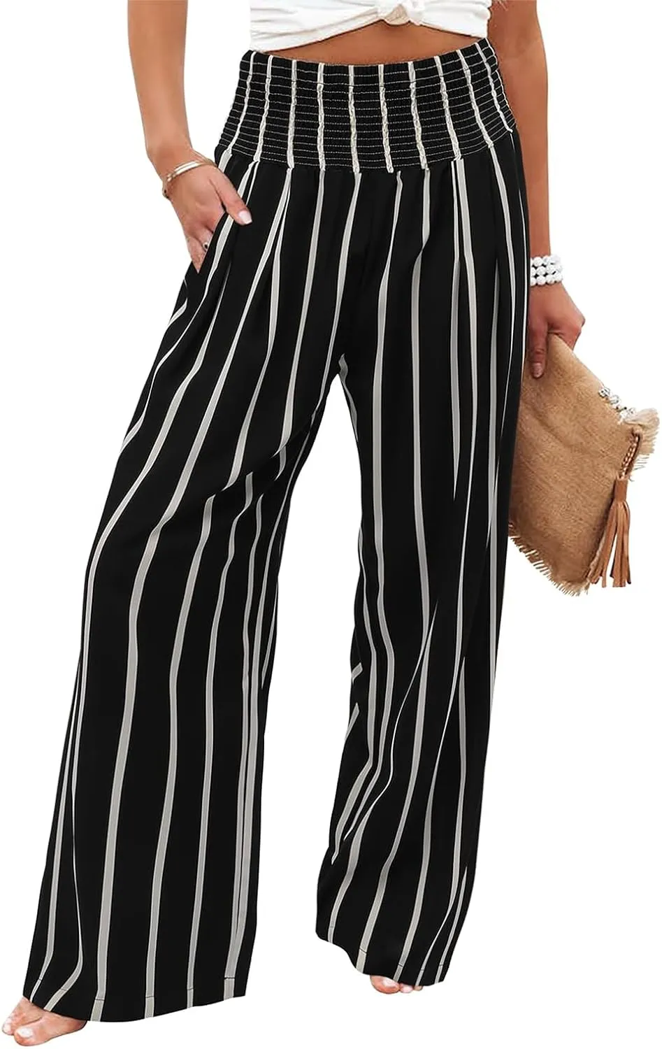 Womens Casual Loose Fit Palazzo Pants Elastic High Waist Lounge Long Pajama Wide Leg Trousers with Pocket