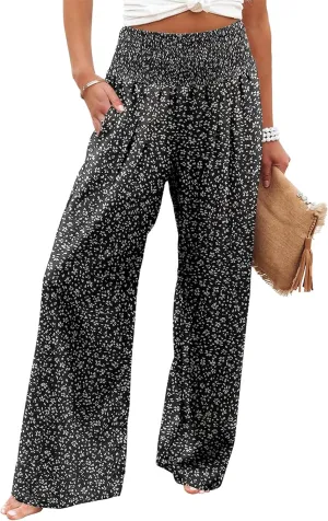 Womens Casual Loose Fit Palazzo Pants Elastic High Waist Lounge Long Pajama Wide Leg Trousers with Pocket