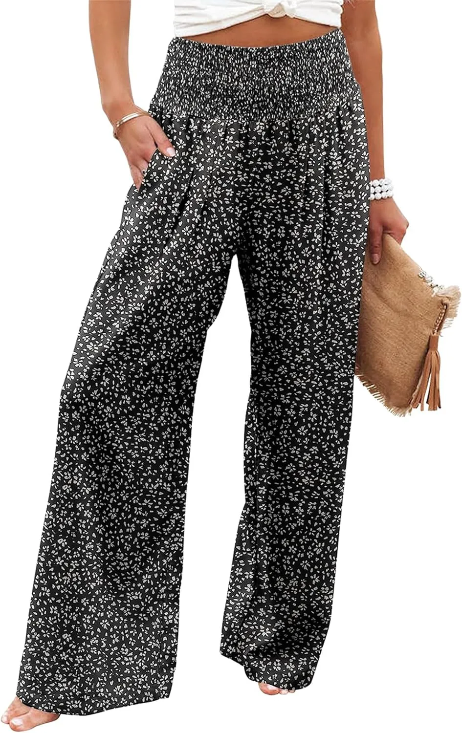 Womens Casual Loose Fit Palazzo Pants Elastic High Waist Lounge Long Pajama Wide Leg Trousers with Pocket