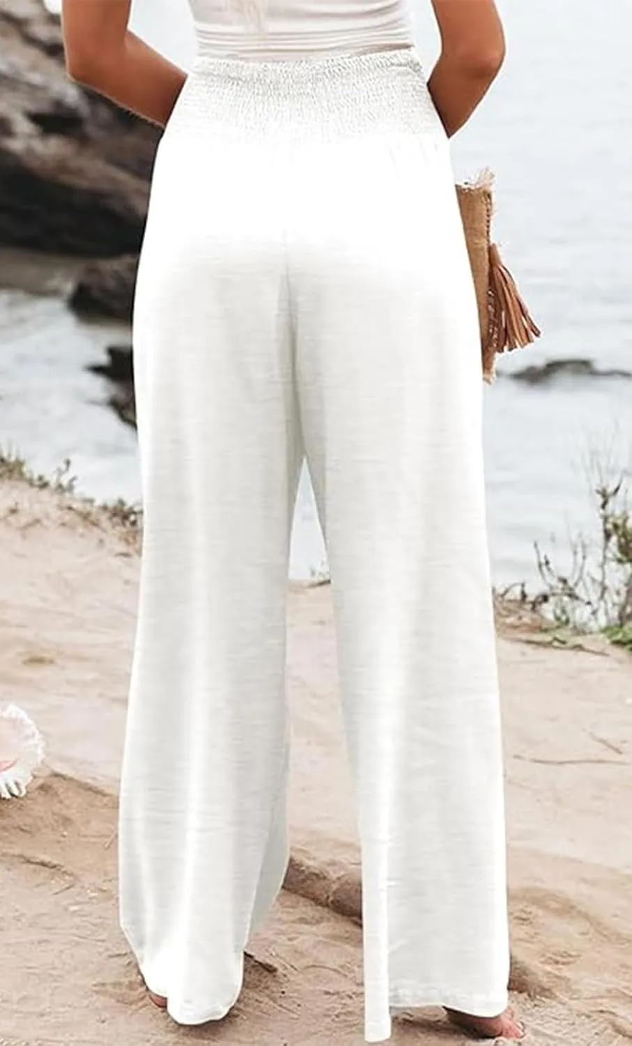Womens Casual Loose Fit Palazzo Pants Elastic High Waist Lounge Long Pajama Wide Leg Trousers with Pocket
