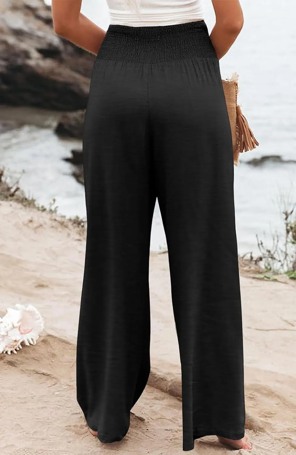 Womens Casual Loose Fit Palazzo Pants Elastic High Waist Lounge Long Pajama Wide Leg Trousers with Pocket