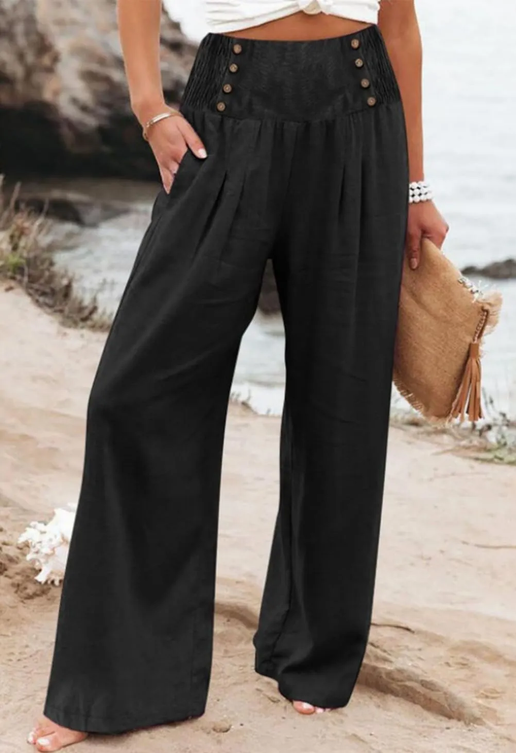 Womens Casual Loose Fit Palazzo Pants Elastic High Waist Lounge Long Pajama Wide Leg Trousers with Pocket