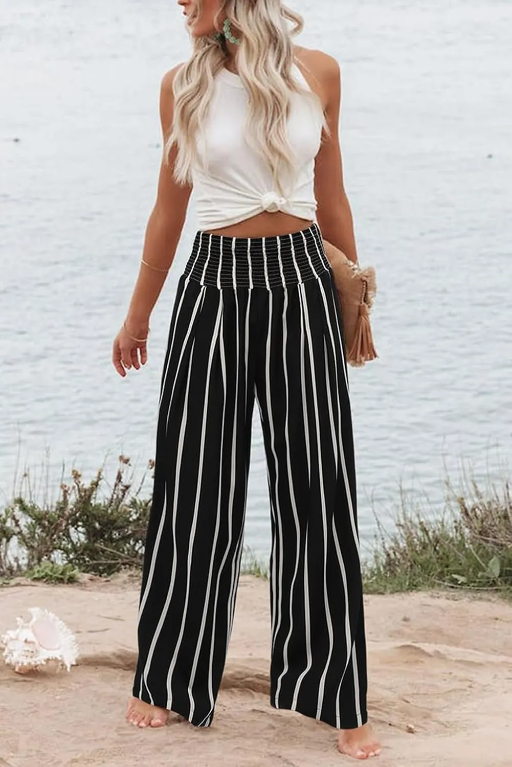 Womens Casual Loose Fit Palazzo Pants Elastic High Waist Lounge Long Pajama Wide Leg Trousers with Pocket