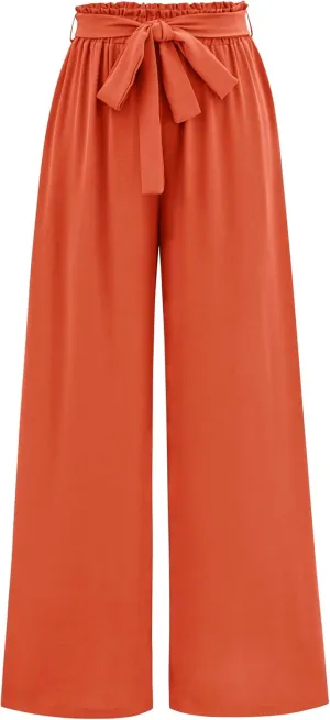 Women's Casual Wide Leg Palazzo Pants High Waist Tie Knot Summer Flowy Beach Work Trousers Lounge Pants with Pockets