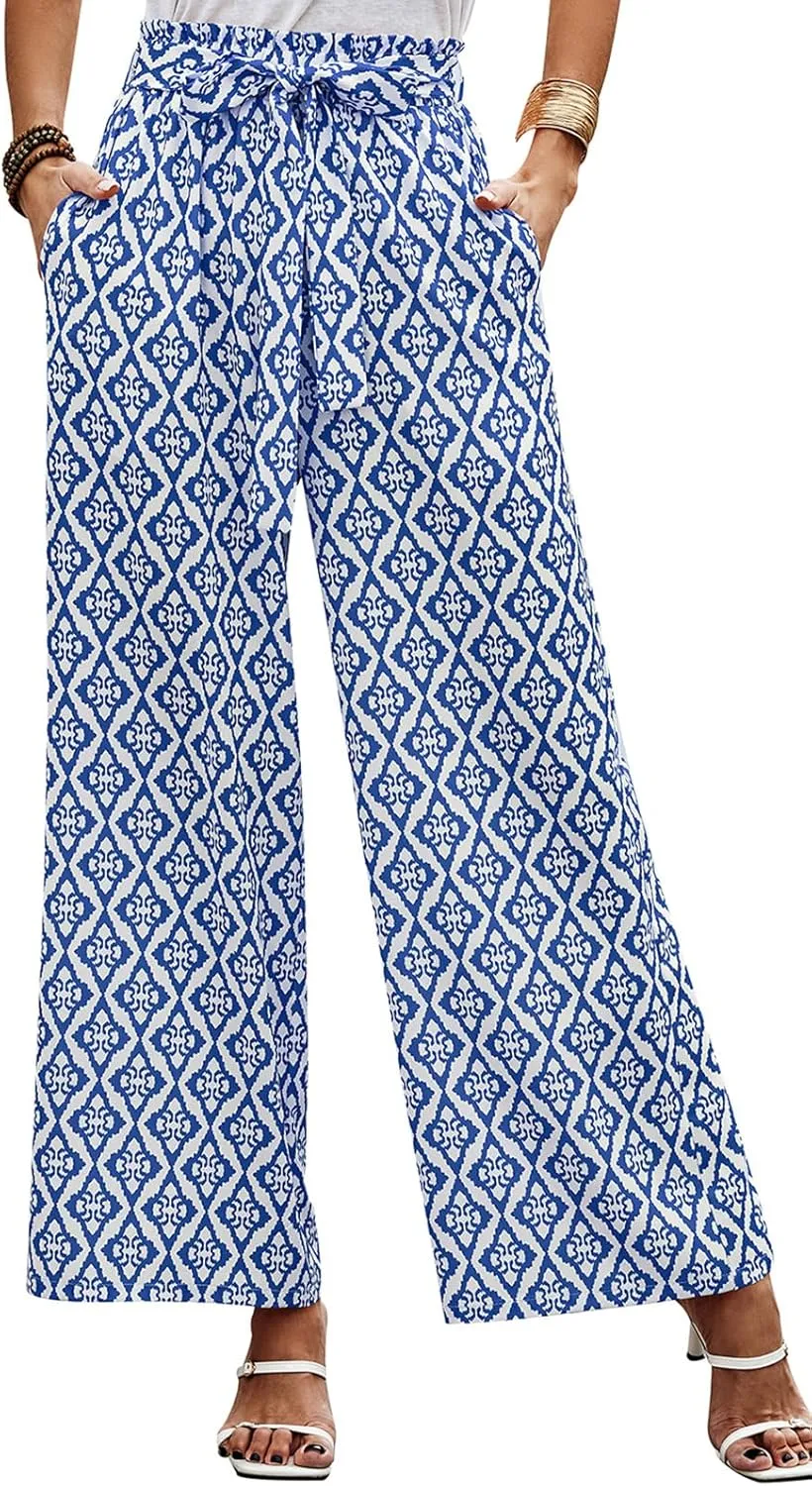 Women's Casual Wide Leg Palazzo Pants High Waist Tie Knot Summer Flowy Beach Work Trousers Lounge Pants with Pockets
