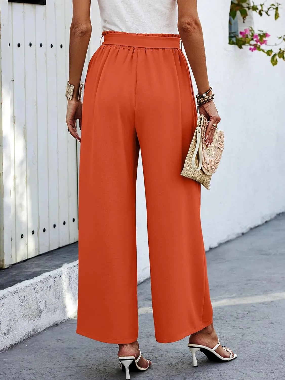 Women's Casual Wide Leg Palazzo Pants High Waist Tie Knot Summer Flowy Beach Work Trousers Lounge Pants with Pockets