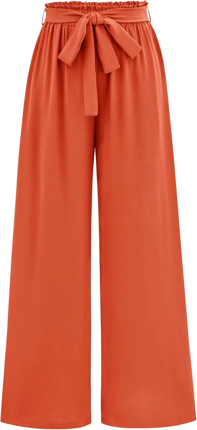 Women's Casual Wide Leg Palazzo Pants High Waist Tie Knot Summer Flowy Beach Work Trousers Lounge Pants with Pockets
