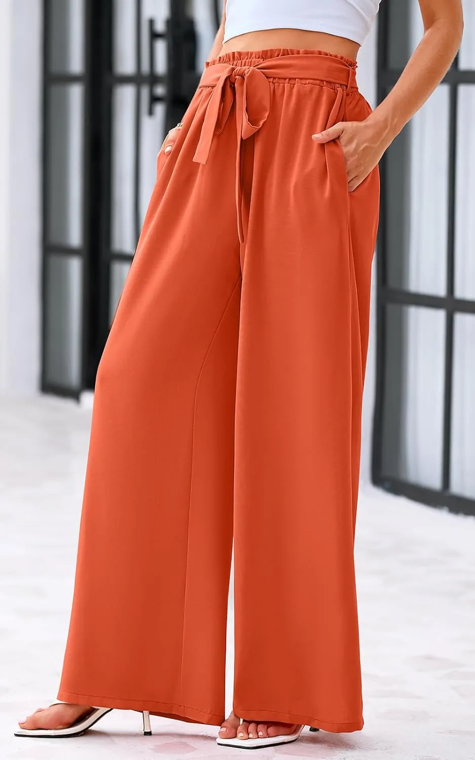 Women's Casual Wide Leg Palazzo Pants High Waist Tie Knot Summer Flowy Beach Work Trousers Lounge Pants with Pockets