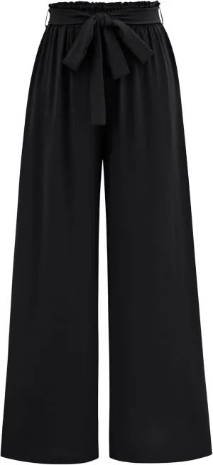 Women's Casual Wide Leg Palazzo Pants High Waist Tie Knot Summer Flowy Beach Work Trousers Lounge Pants with Pockets
