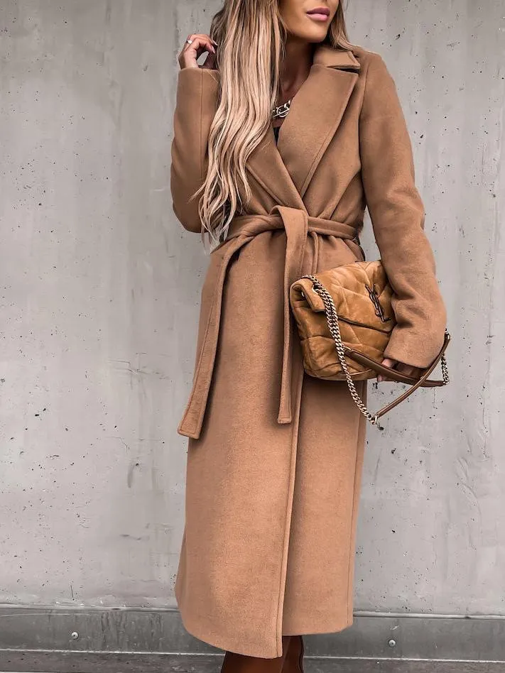 Women's Coats Simple Lapel Belted Long Sleeve Woolen Coat