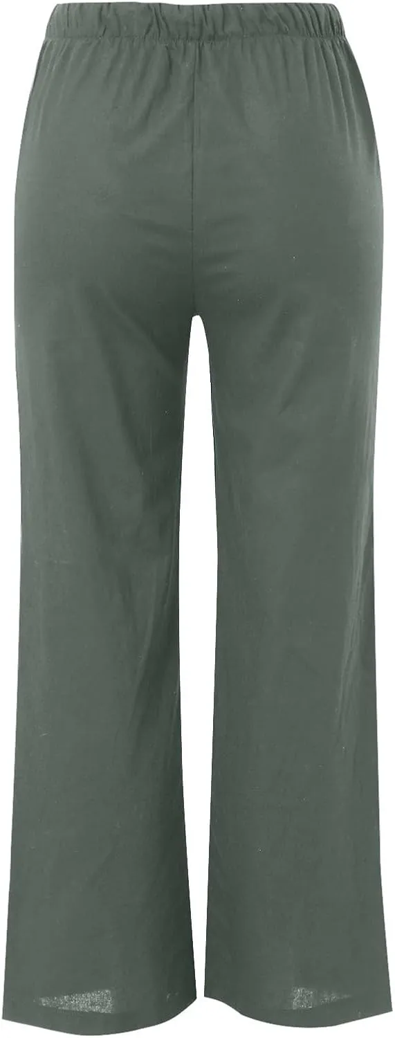 Women's Cotton Linen Pants Summer Palazzo Pant Flowy Wide Leg Beach Trousers with Pockets