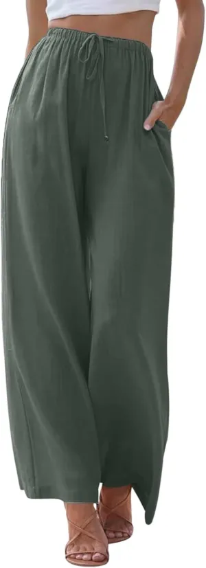 Women's Cotton Linen Pants Summer Palazzo Pant Flowy Wide Leg Beach Trousers with Pockets