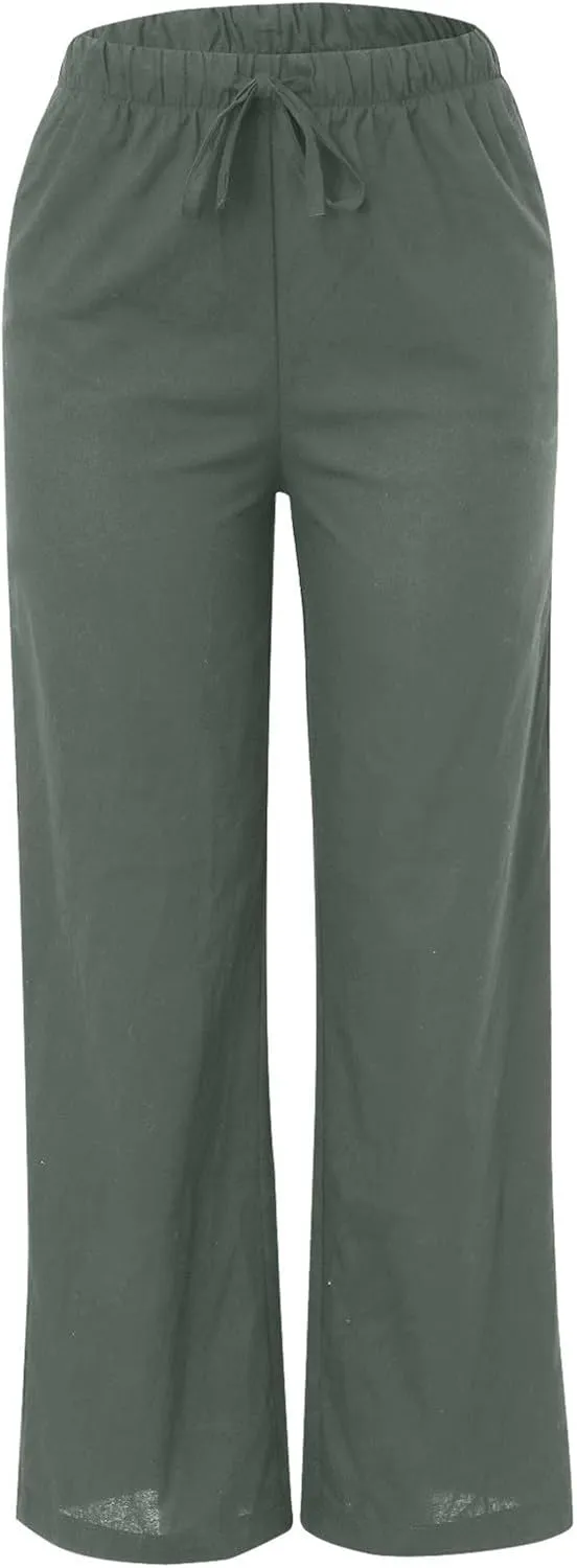 Women's Cotton Linen Pants Summer Palazzo Pant Flowy Wide Leg Beach Trousers with Pockets