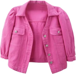 Women's Cropped Denim Jacket Puff Short Sleeve Sweet Button Down Denim Jean Jacket