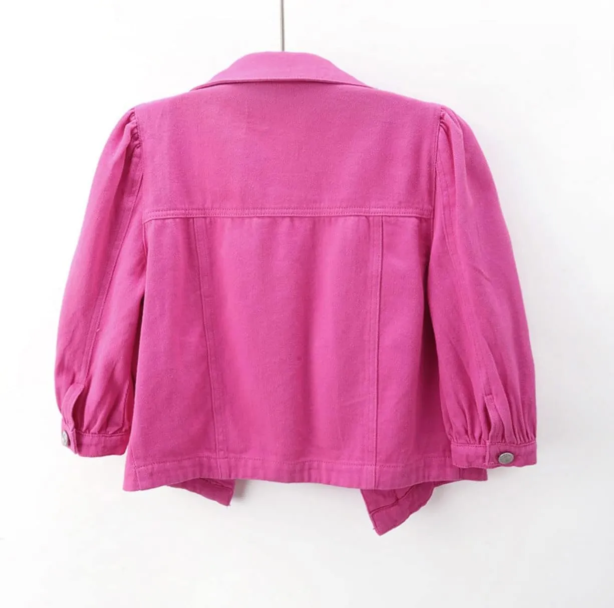 Women's Cropped Denim Jacket Puff Short Sleeve Sweet Button Down Denim Jean Jacket