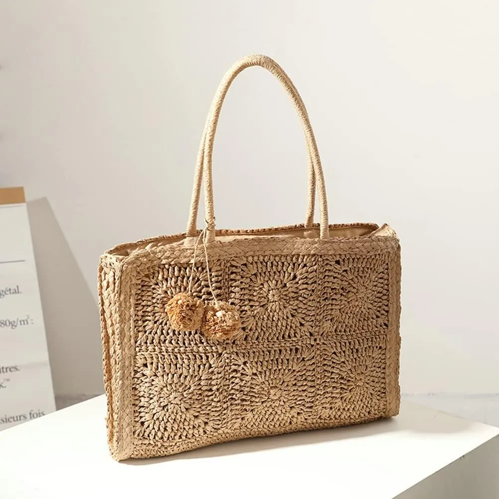 Womens Handwoven Straw Beach Bag Chic Purse Summer Vocation Straw Tote Handbag Lightweight Hobo Tote