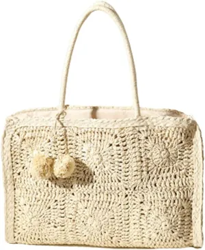 Womens Handwoven Straw Beach Bag Chic Purse Summer Vocation Straw Tote Handbag Lightweight Hobo Tote
