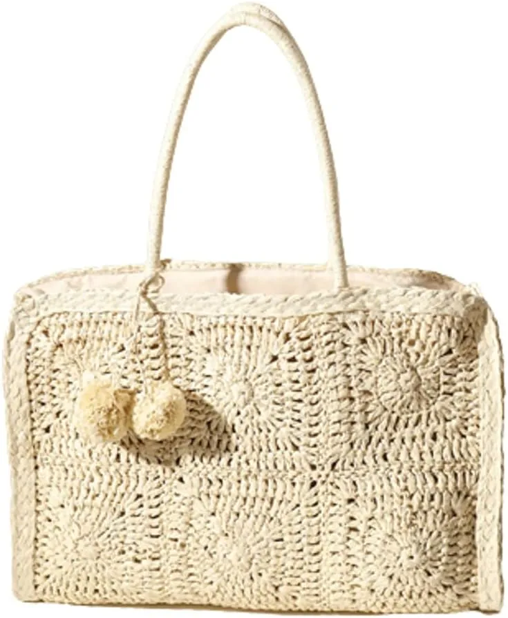 Womens Handwoven Straw Beach Bag Chic Purse Summer Vocation Straw Tote Handbag Lightweight Hobo Tote