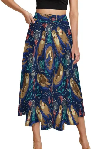 Womens High Waisted A-Line Rabbit Pleated Midi-Long Skirt
