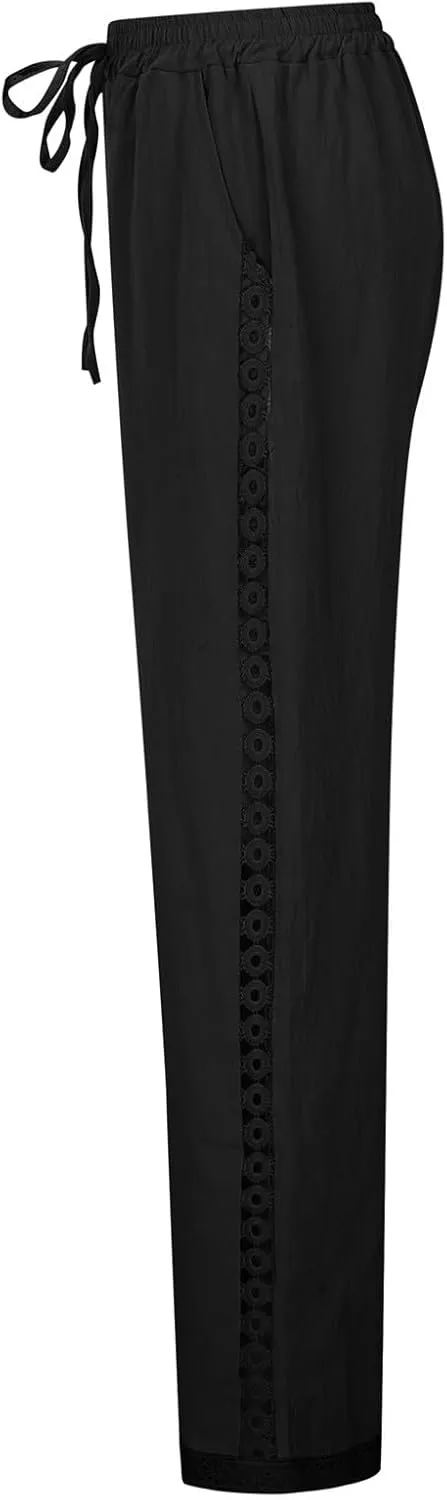 Womens Linen Capri Pants with Drawstring Petite Side Button Summer Beachwear Lightweight Elastic Waist Trousers
