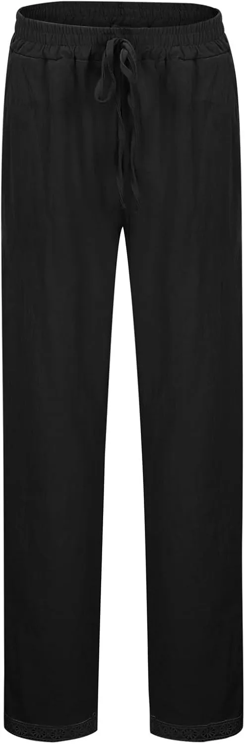 Womens Linen Capri Pants with Drawstring Petite Side Button Summer Beachwear Lightweight Elastic Waist Trousers